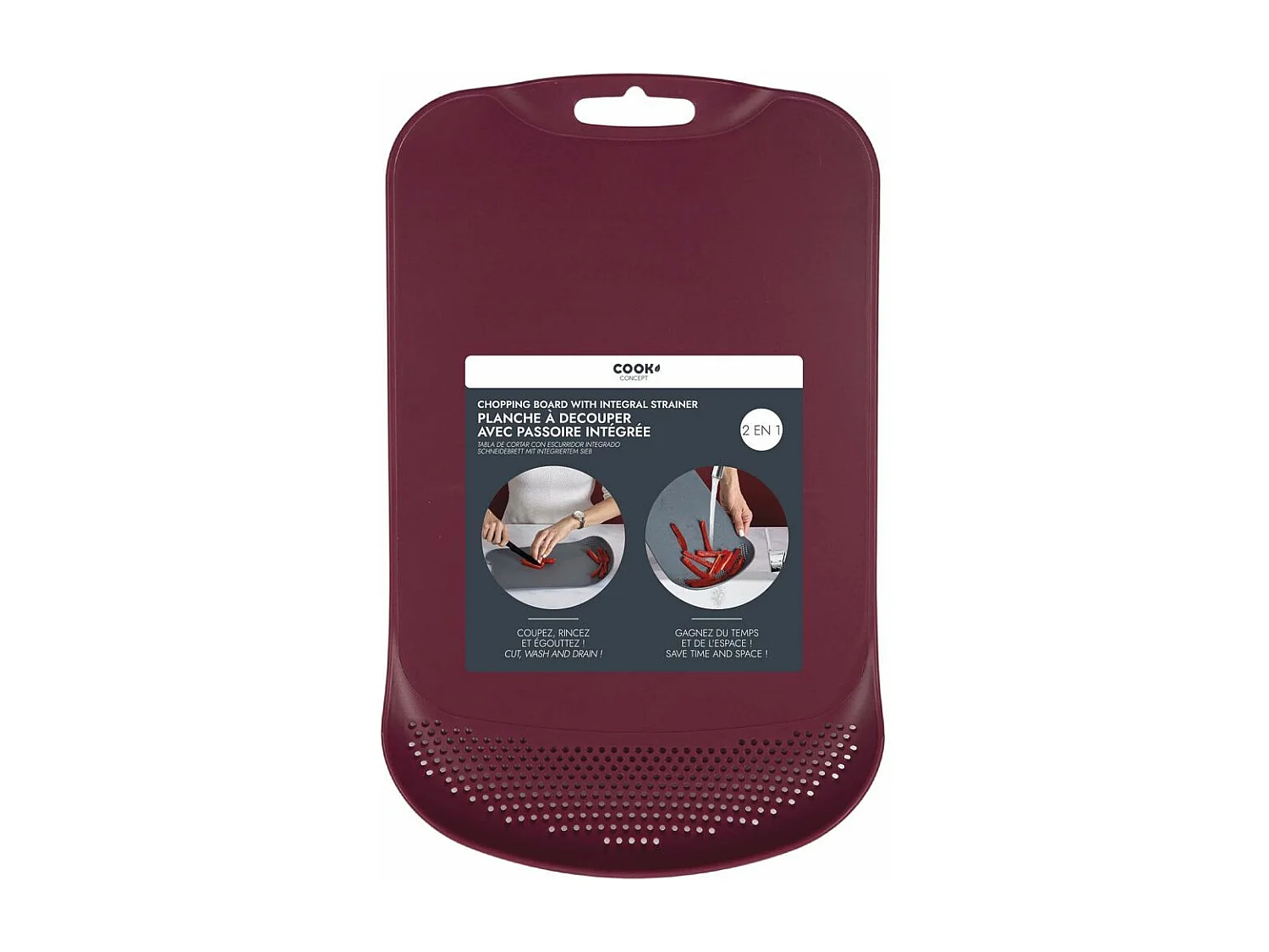 Planche à découper en polypropylène avec passoire intégrée (Lot de 2) Bordeaux
