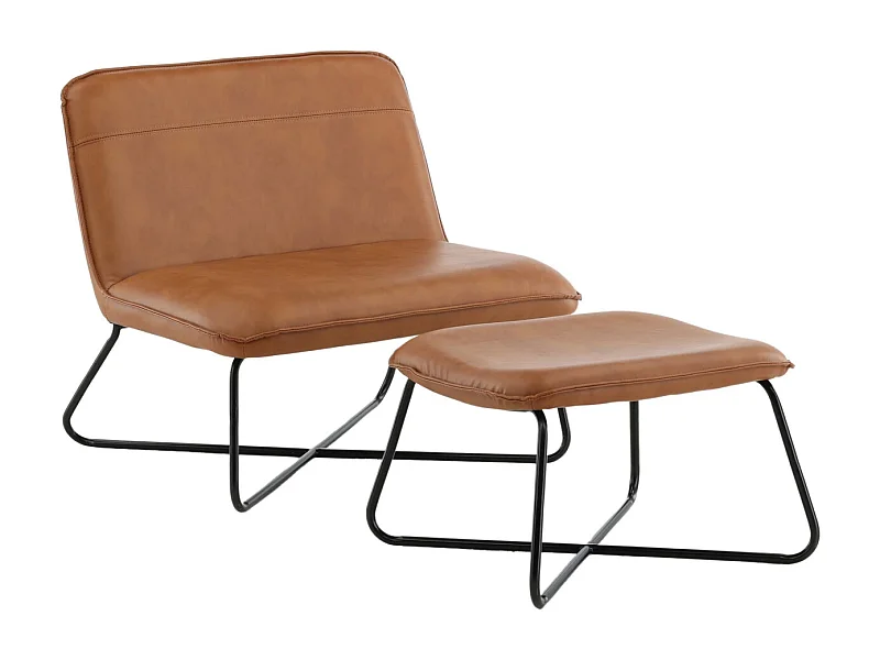 X fauteuil met hocker PU kunstleer bruin.