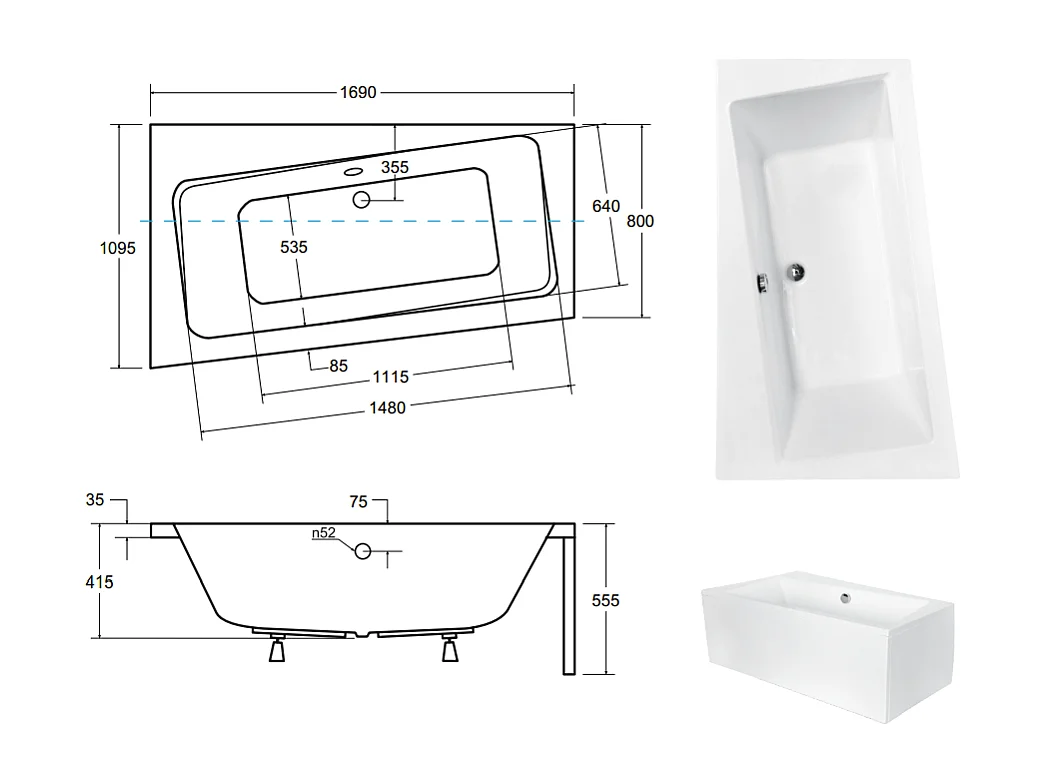 Baignoire angle droit ZIANIGI avec tablier - Dimensions: 170cm