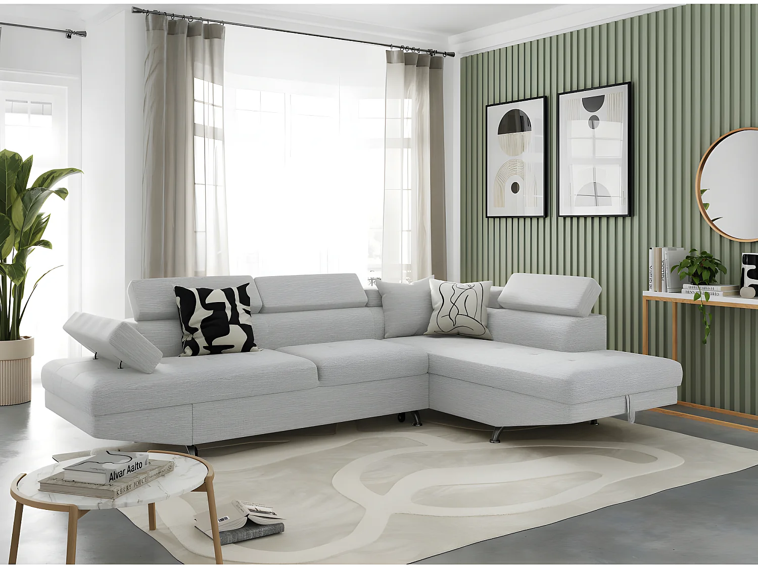 Canapé d'angle convertible 5 places Roma tissu Gris Perle