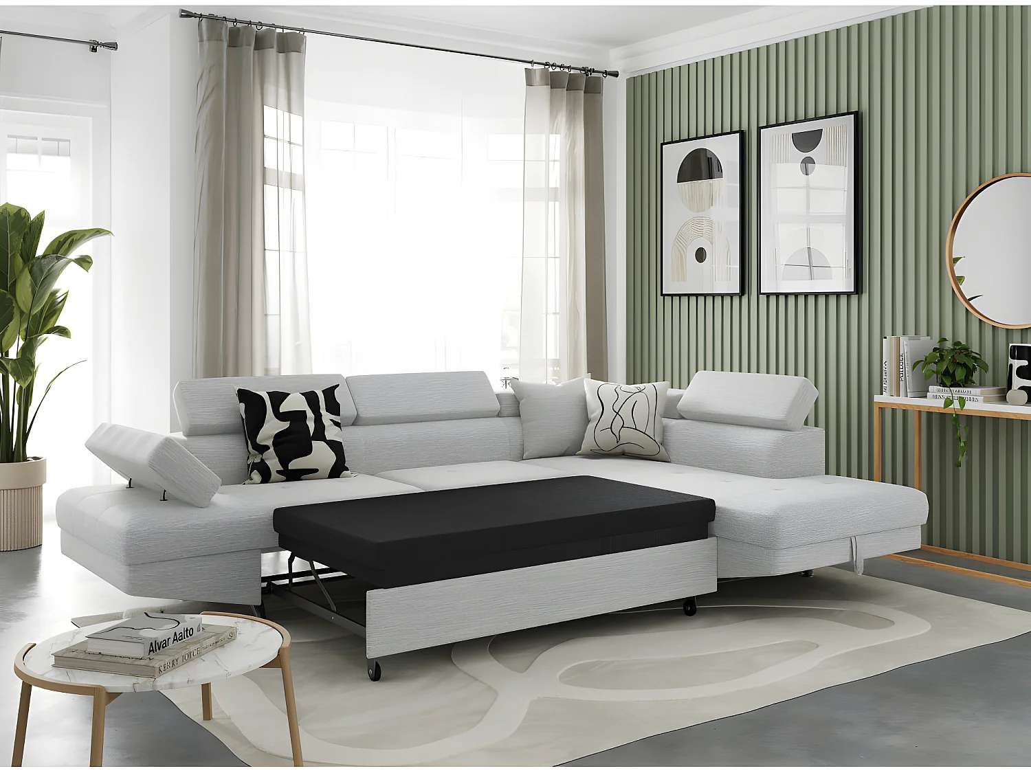 Canapé d'angle convertible 5 places Roma tissu Gris Perle