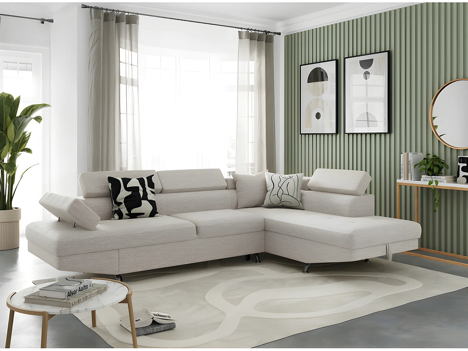 Canapé d'angle convertible 5 places Roma tissu Beige