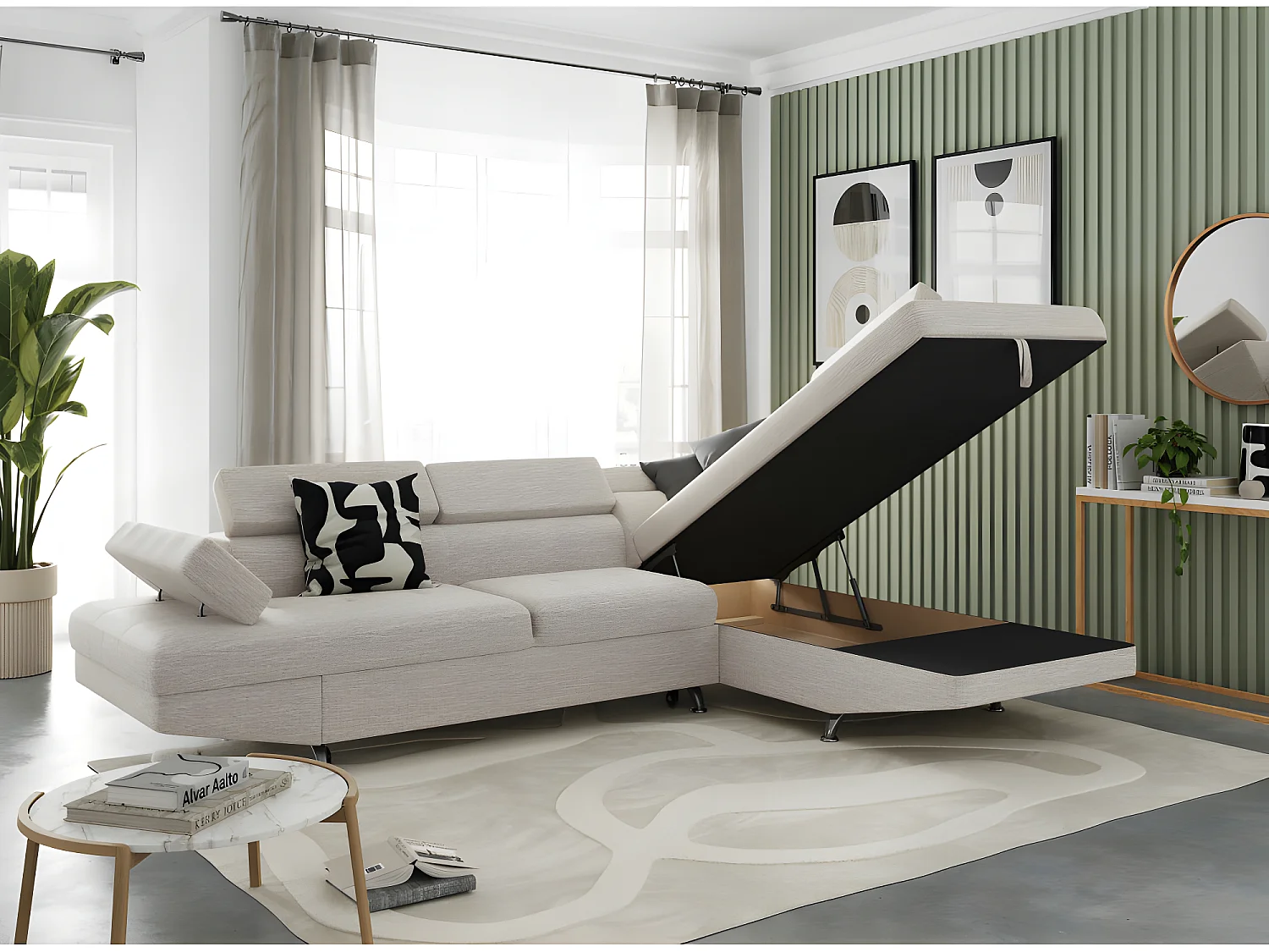 Canapé d'angle convertible 5 places Roma tissu Beige