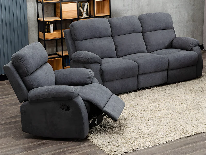 Canapé 3 places et un fauteuil relax en tissu TOLZANO - Anthracite