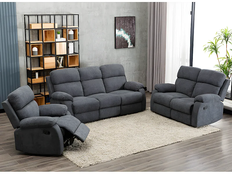 Relaxzitbank 3 + 2 plaatsen en fauteuil van stof met handmatig mechanisme TOLZANO  - Antraciet