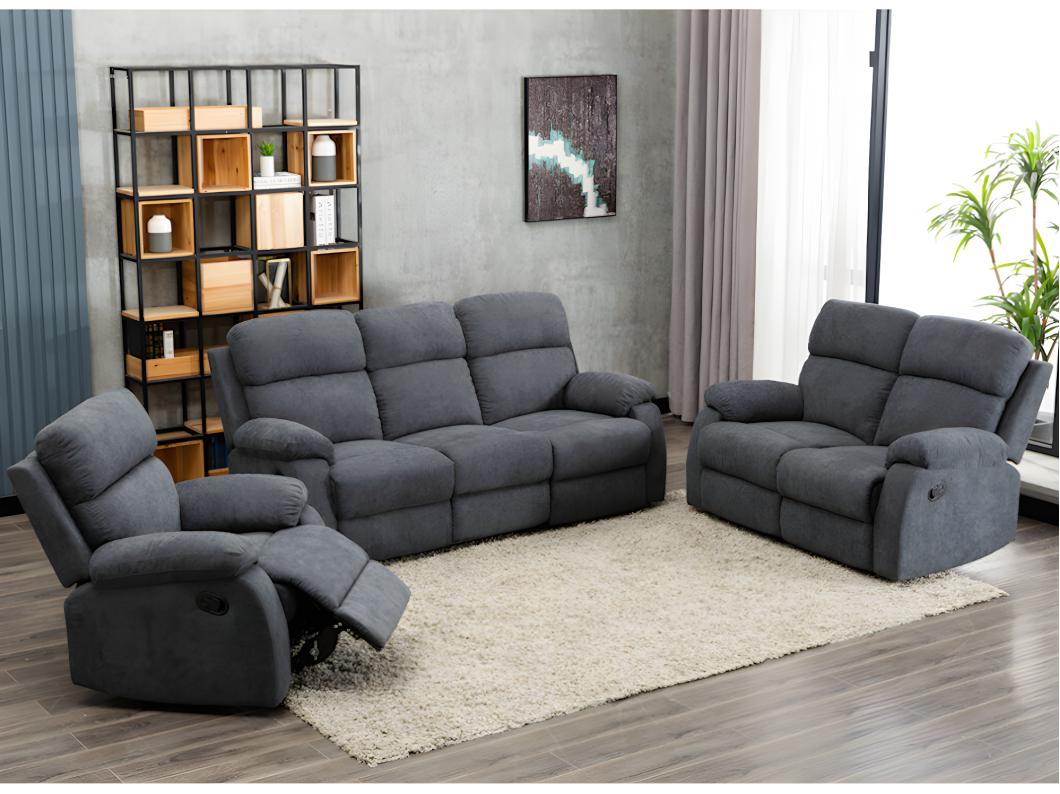 Canapés 3 places 2 places et un fauteuil relax en tissu TOLZANO - Anthracite