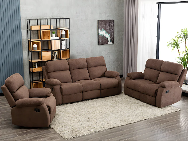 Canapés 3 places 2 places et un fauteuil relax en tissu TOLZANO - Marron