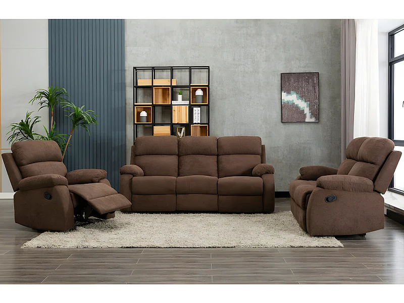 Kanapa 3+2+1-osobowa TOLZANO z tkaniny, z manualną funkcją relax – kolor brązowy