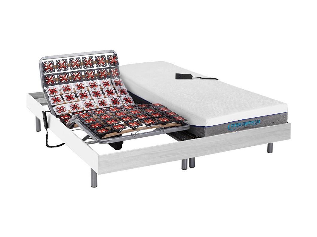 Lit électrique de relaxation tout plots + matelas mémoire de forme - 2 x 70 x 190 cm - Blanc - HESIODE III de DREAMEA