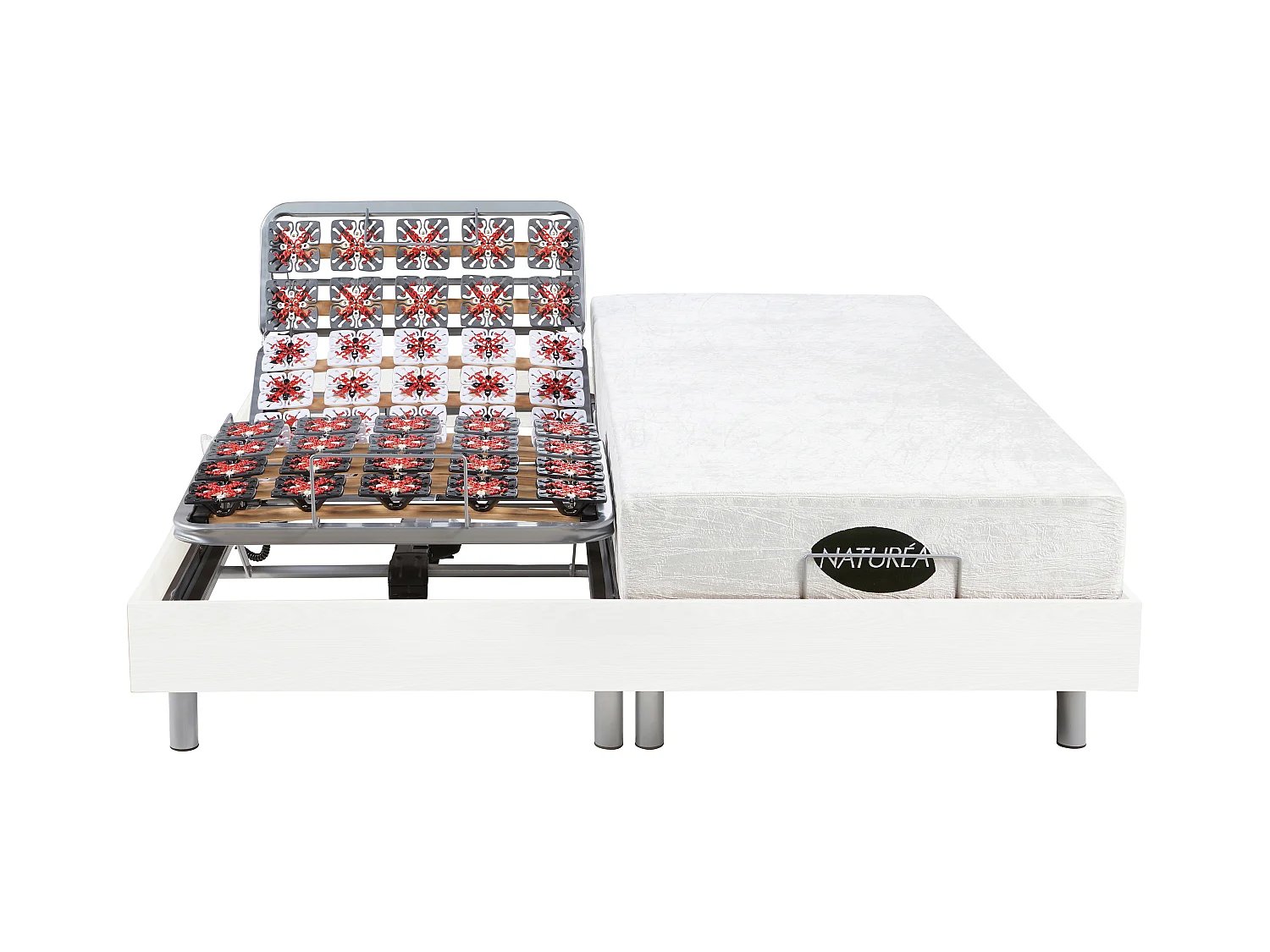 Lit électrique de relaxation tout plots + matelas mémoire de forme et bambou - 2 x 70 x 190 cm - Blanc - LYSIS III de NATUREA