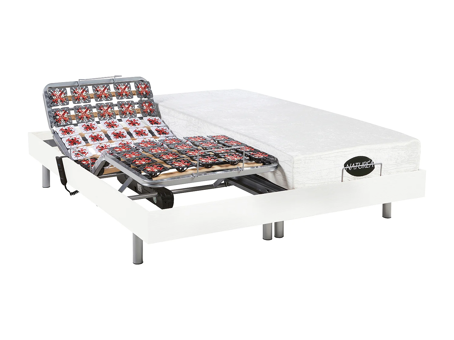 Lit électrique de relaxation tout plots + matelas mémoire de forme et bambou - 2 x 70 x 190 cm - Blanc - LYSIS III de NATUREA