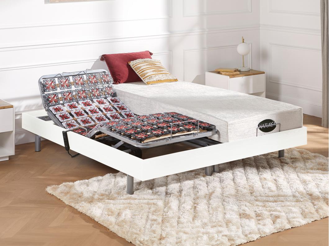 Lit électrique de relaxation tout plots + matelas mémoire de forme et bambou - 2 x 70 x 190 cm - Blanc - LYSIS III de NATUREA
