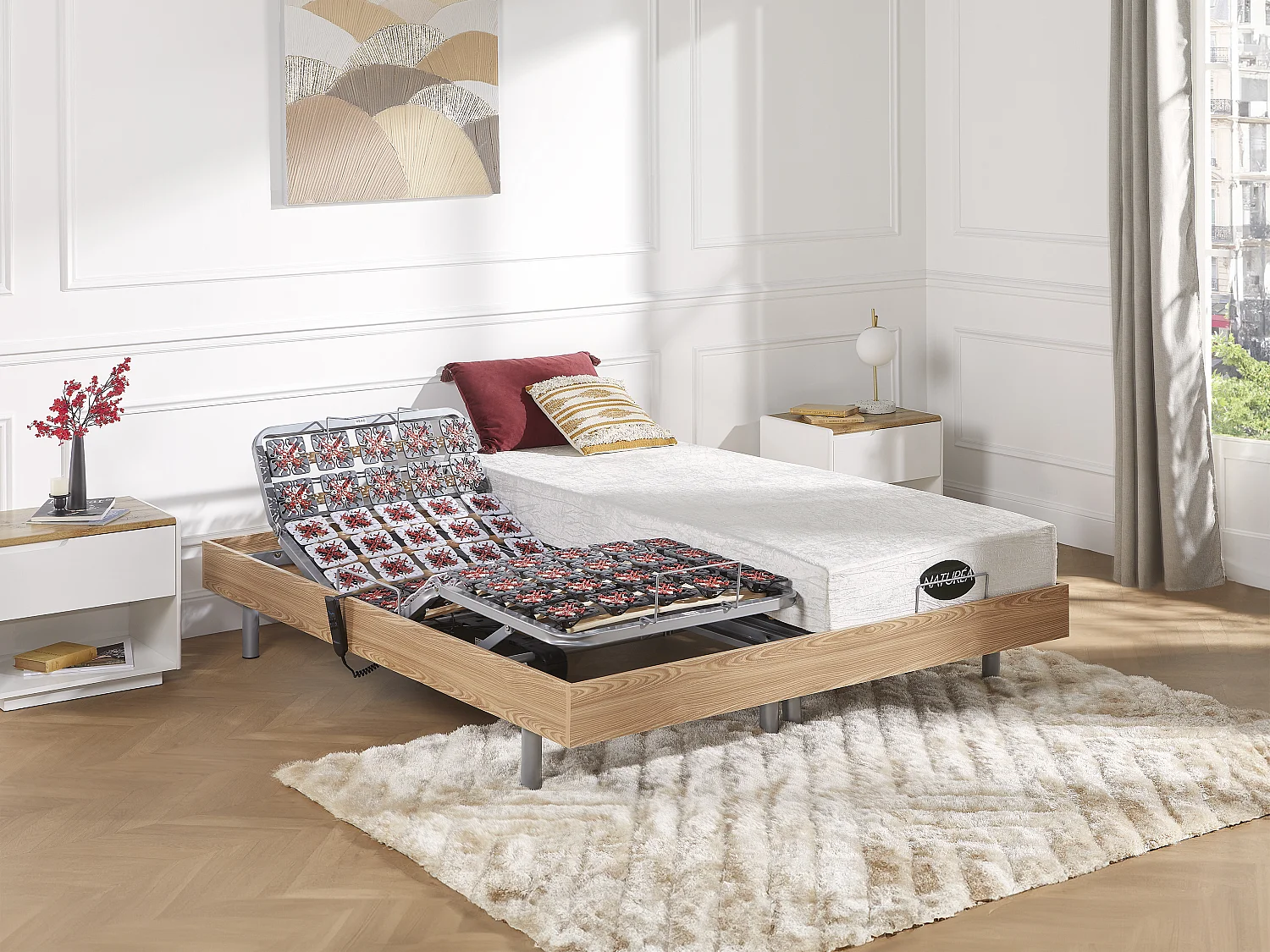 Lit électrique de relaxation tout plots + matelas mémoire de forme et bambou - 2 x 70 x 190 cm - Chêne - LYSIS III de NATUREA