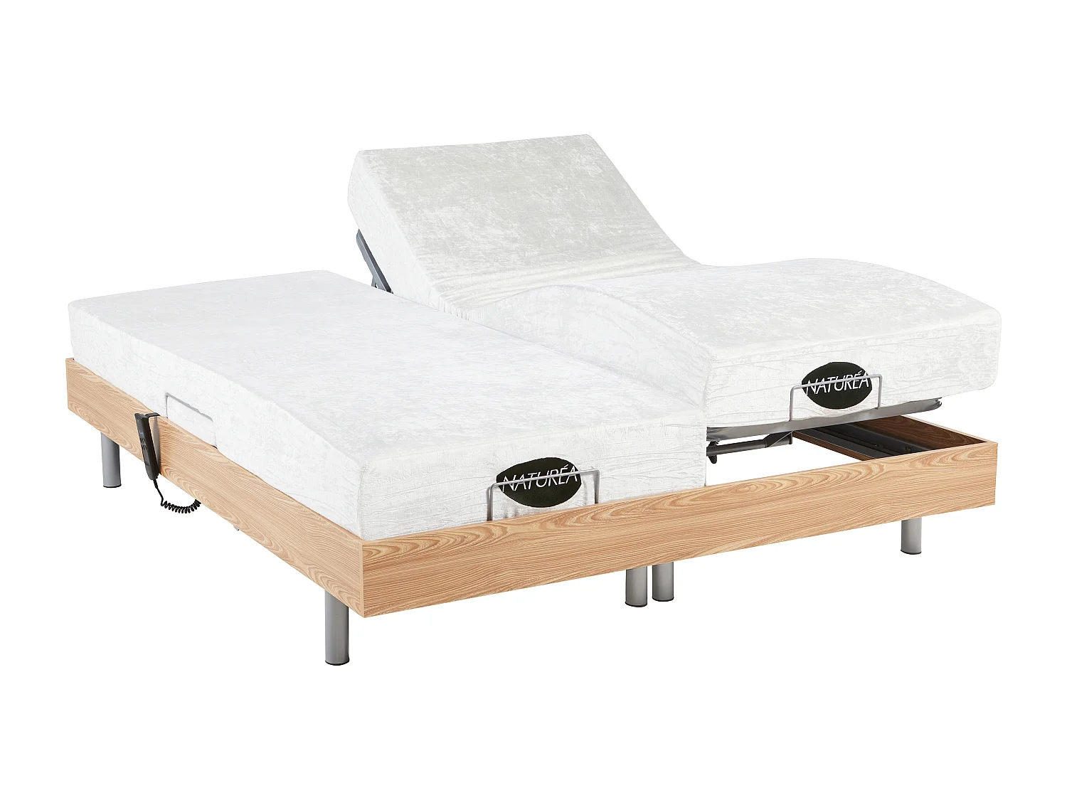 Lit électrique de relaxation tout plots + matelas mémoire de forme et bambou - 2 x 70 x 190 cm - Chêne - LYSIS III de NATUREA