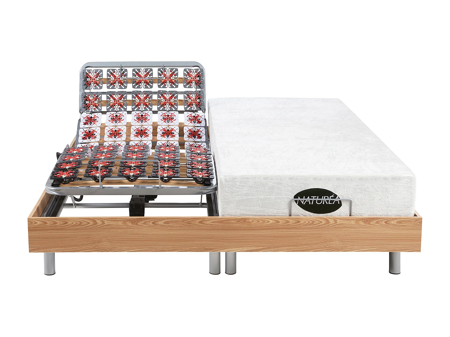 Lit électrique de relaxation tout plots + matelas mémoire de forme et bambou - 2 x 70 x 190 cm - Chêne - LYSIS III de NATUREA