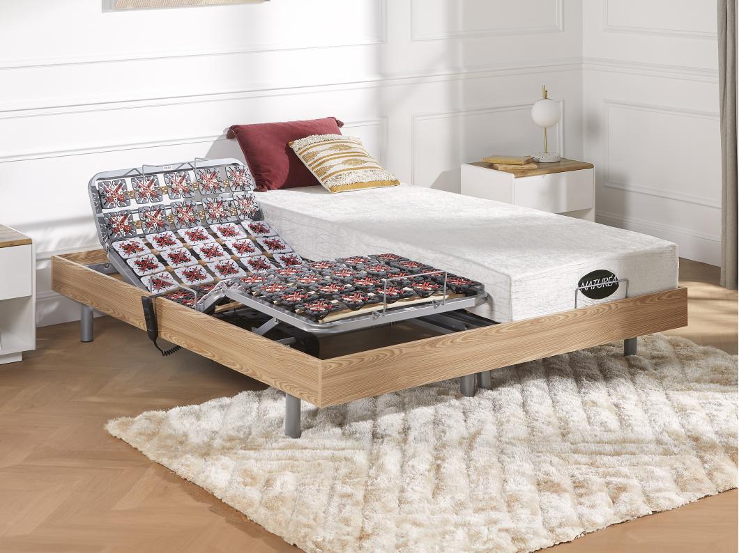 Relaxbett elektrisch - Matratzen mit Memory Schaum & Bambus - LYSIS III von NATUREA - mit OKIN-Motor - 2 x 70 x 190 cm - Holzfarben