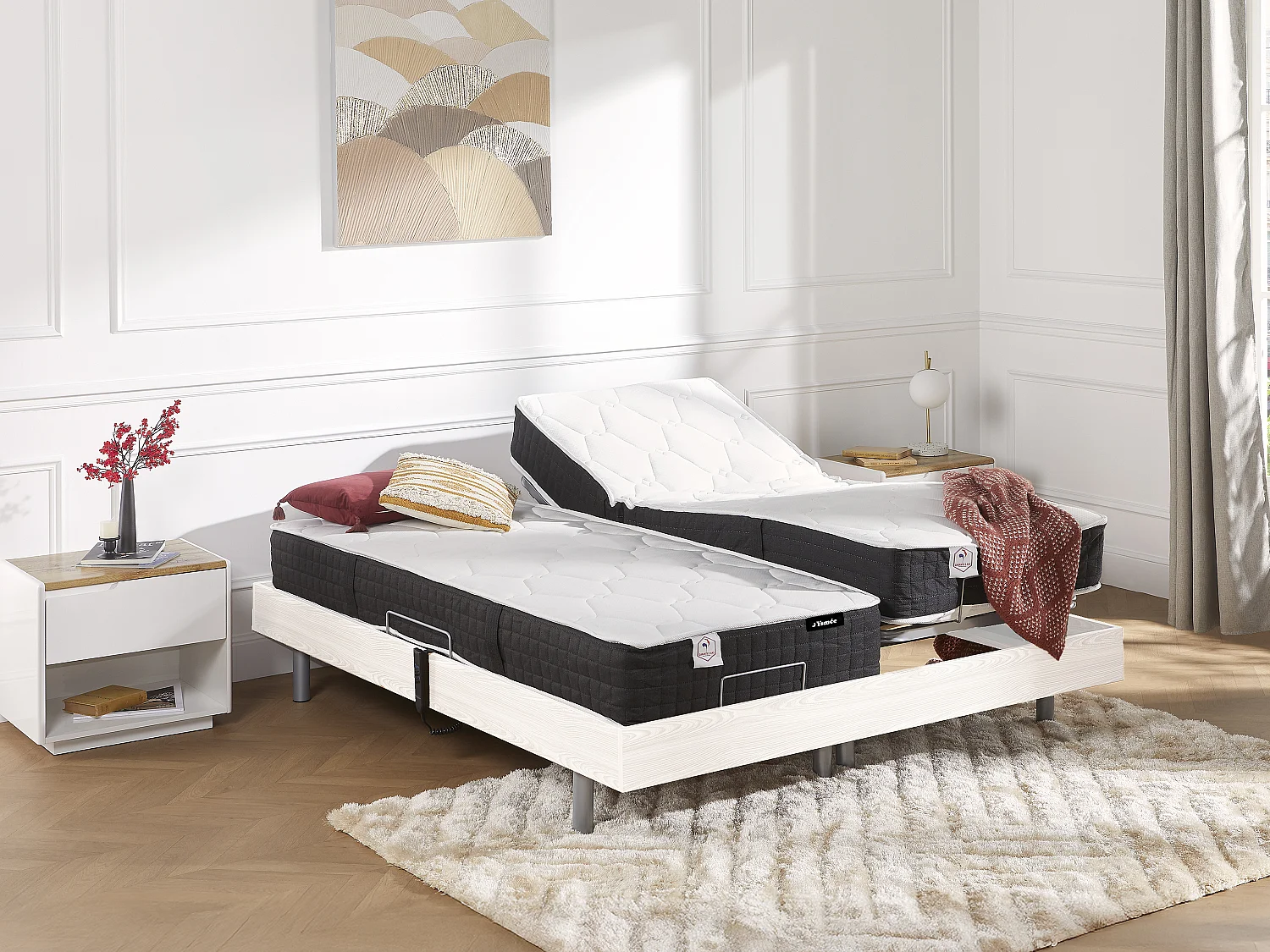 Lit électrique de relaxation tout plots + matelas ressorts ensachés et mémoire forme - 2 x 70 x 190 cm - Blanc - PHANES de YSMÉE