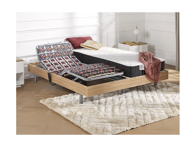 Cama elétrica articulada terminais e colchão de molas ensacadas e memória de forma - 2 x 70 x 190 cm - motores OKIN - Carvalho - PHANES de YSMÉE