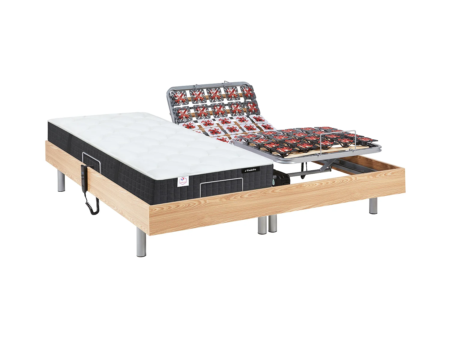 Łóżko elektryczne z systemem relaksu ze stelażem płytkowym, materac ze sprężynami kieszeniowymi i pamięcią kształtu PHANES Ysmée- silniki OKIN - Kolor dębowy- 2x70x190 cm