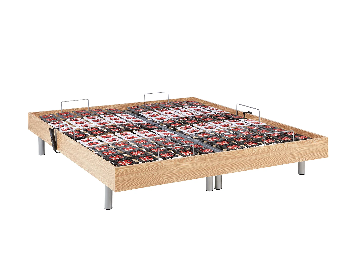 Łóżko elektryczne z systemem relaksu ze stelażem płytkowym, materac ze sprężynami kieszeniowymi i pamięcią kształtu PHANES Ysmée- silniki OKIN - Kolor dębowy- 2x70x190 cm