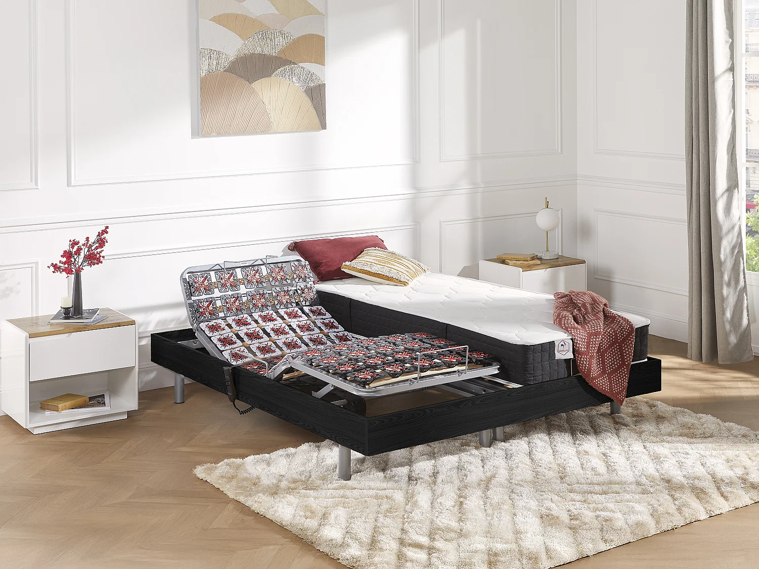 Lit électrique de relaxation tout plots + matelas ressorts ensachés et mémoire forme - 2 x 70 x 190 cm - Noir - PHANES de YSMÉE