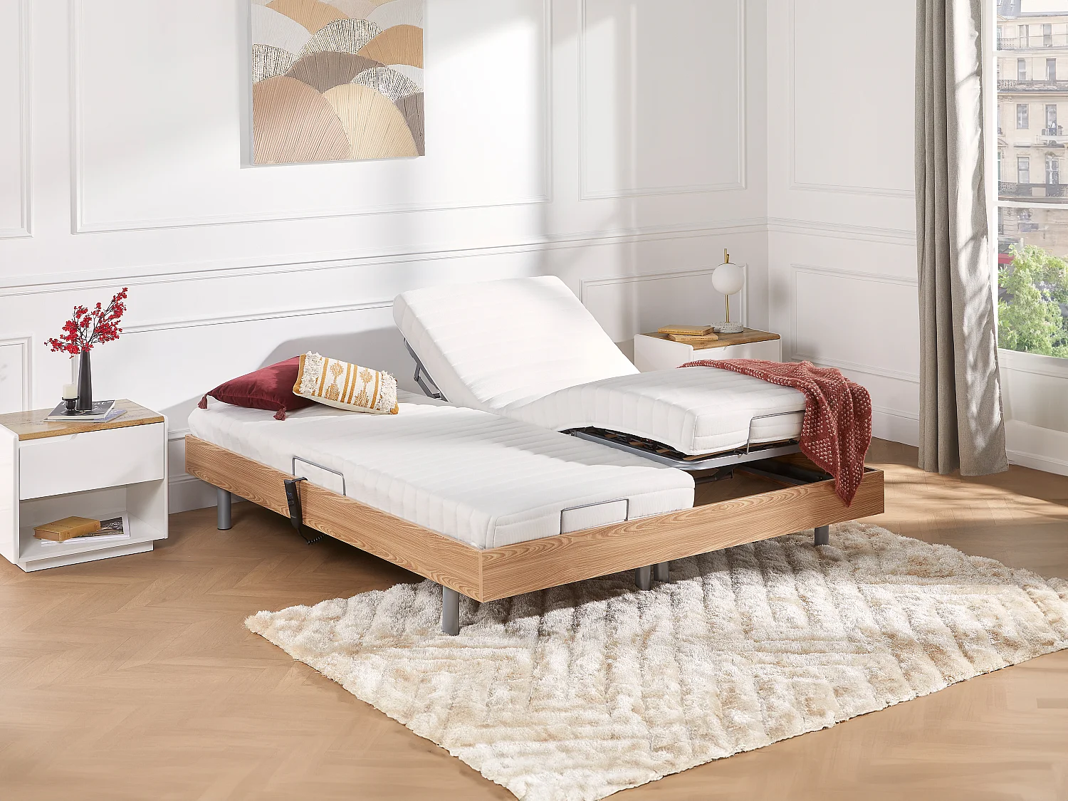 Lit électrique de relaxation tout plots + matelas latex - 2 x 70 x 190 cm - Chêne - CASSIOPEE III de YSMÉE