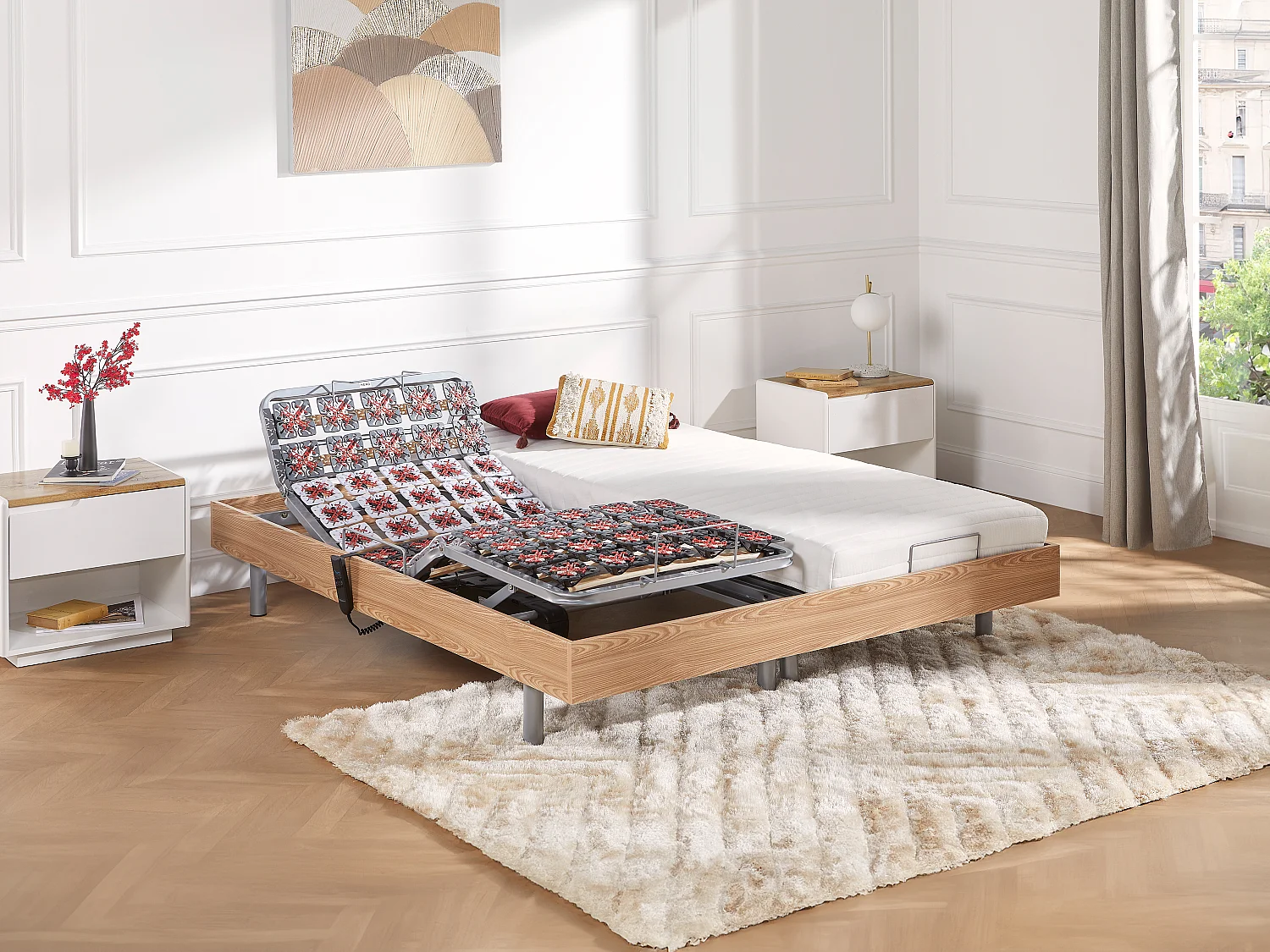 Lit électrique de relaxation tout plots + matelas latex - 2 x 70 x 190 cm - Chêne - CASSIOPEE III de YSMÉE