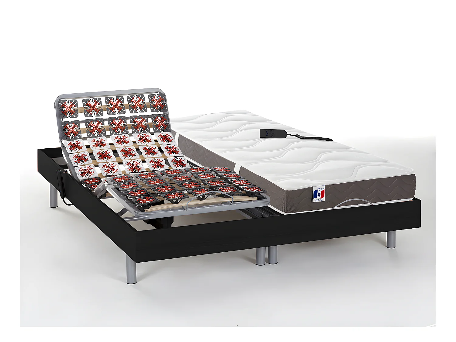 Lit électrique de relaxation tout plots + matelas 100% latex 3 zones - 2 x 70 x 190 cm - Noir - JUPITER de YSMÉE