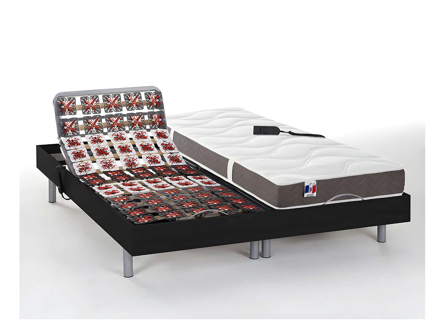 Lit électrique de relaxation tout plots + matelas 100% latex 3 zones - 2 x 70 x 190 cm - Noir - JUPITER de YSMÉE