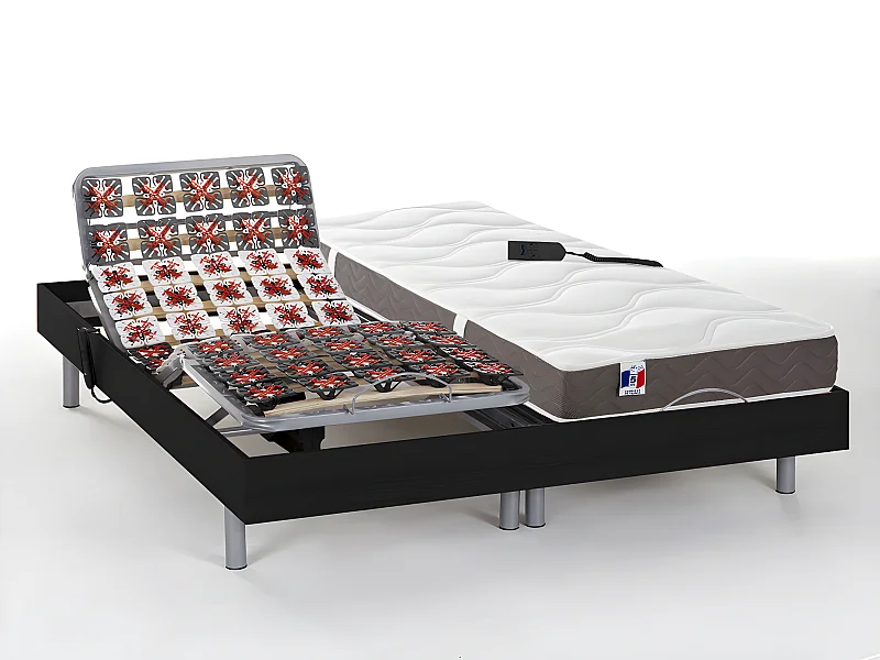Lit électrique de relaxation tout plots + matelas 100% latex 3 zones - 2 x 70 x 190 cm - Noir - JUPITER de YSMÉE