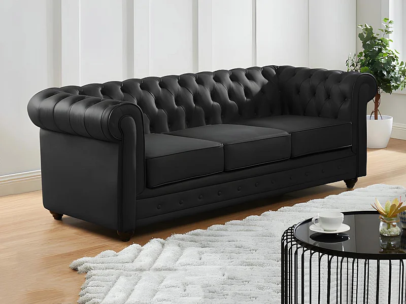 Driezitsbank van buffelleer CHESTERFIELD - Zwart