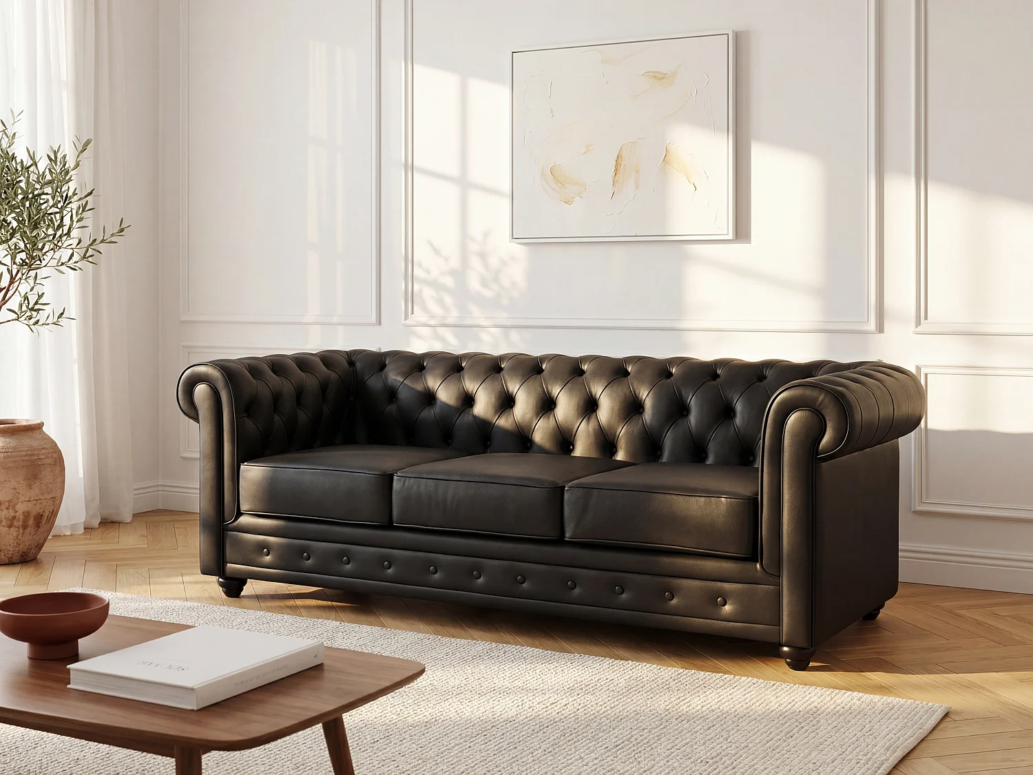 Canapé 3 places en cuir de buffle noir CHESTERFIELD