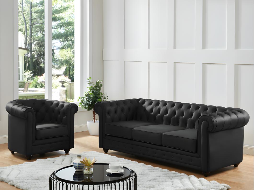 Canapé 3 places en cuir de buffle noir CHESTERFIELD