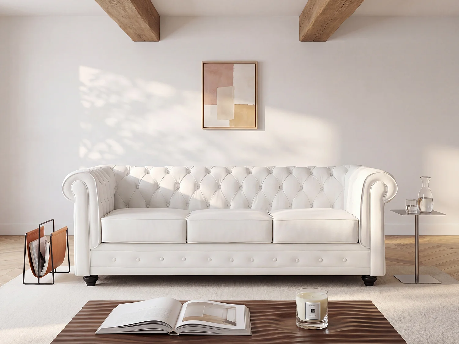 Kanapa 3-osobowa ze skóry bawolej CHESTERFIELD - Biała