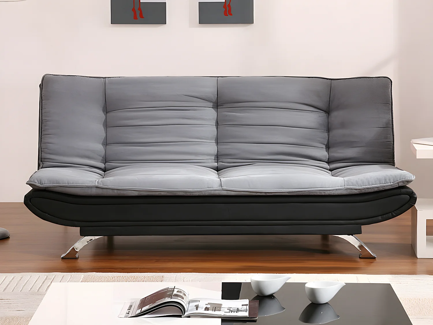 Canapé convertible clic-clac en tissu et simili DEMIDO III - Gris et noir