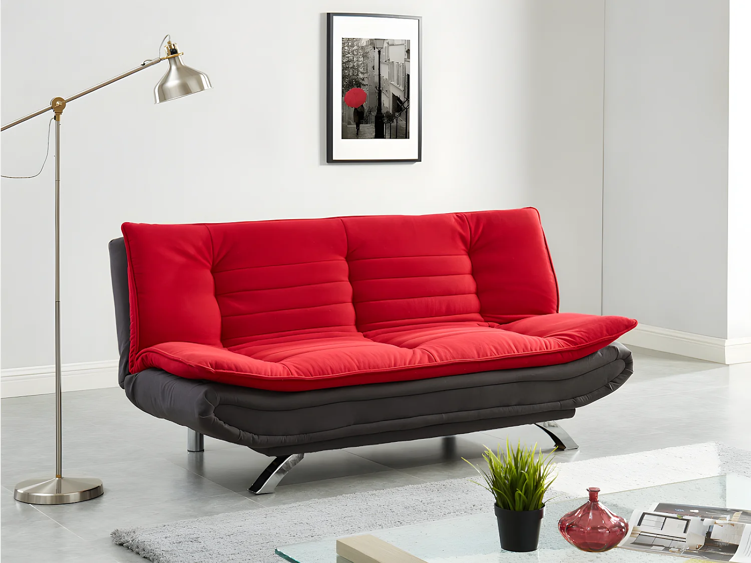 Canapé convertible clic-clac en tissu DEMIDO III - Bicolore rouge et anthracite