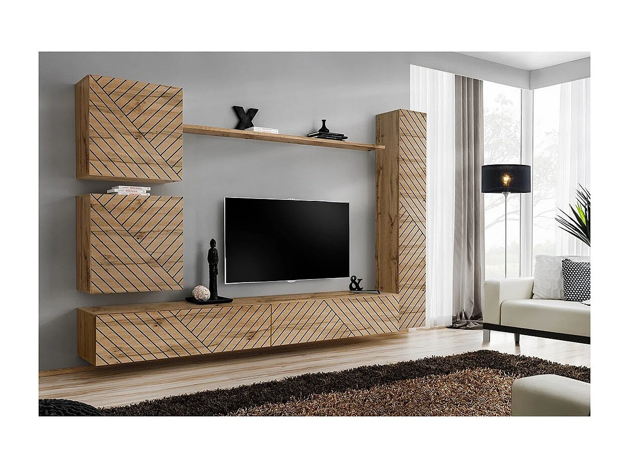 Columna suspendida para salón efecto roble con fachada fresada. Colección SWITCH.