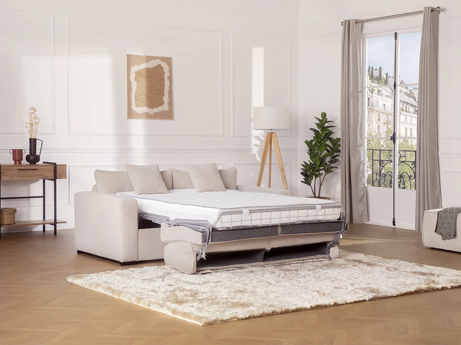 Canapé 3 places convertible express en velours côtelé beige - Couchage 140 cm - Matelas 16 cm - MONDOVI