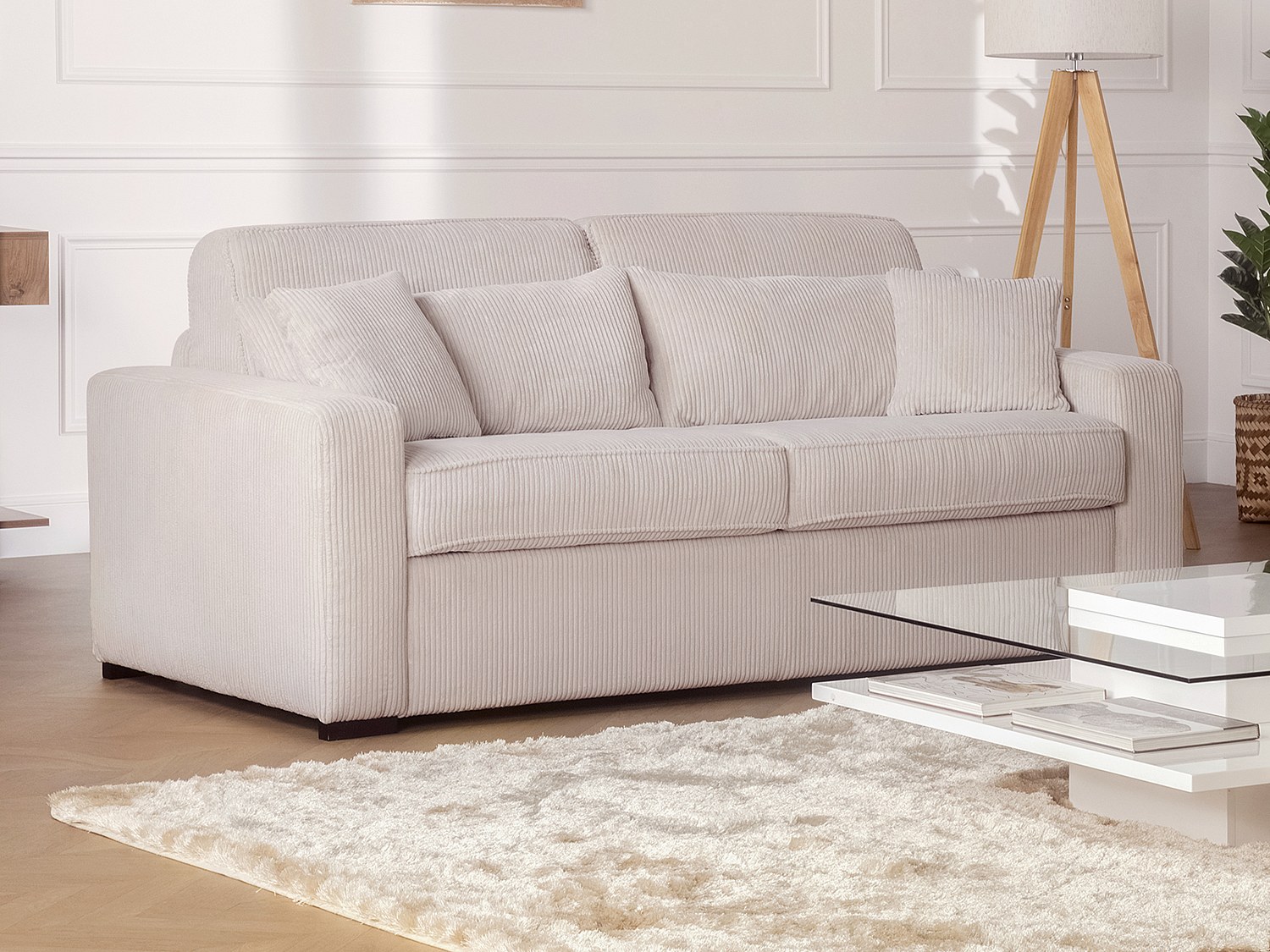 3-seters sovesofa med uttrekksfunksjon i beige kordfløyel - Soveplass 140 cm - Madrass 16 cm - MONDOVI