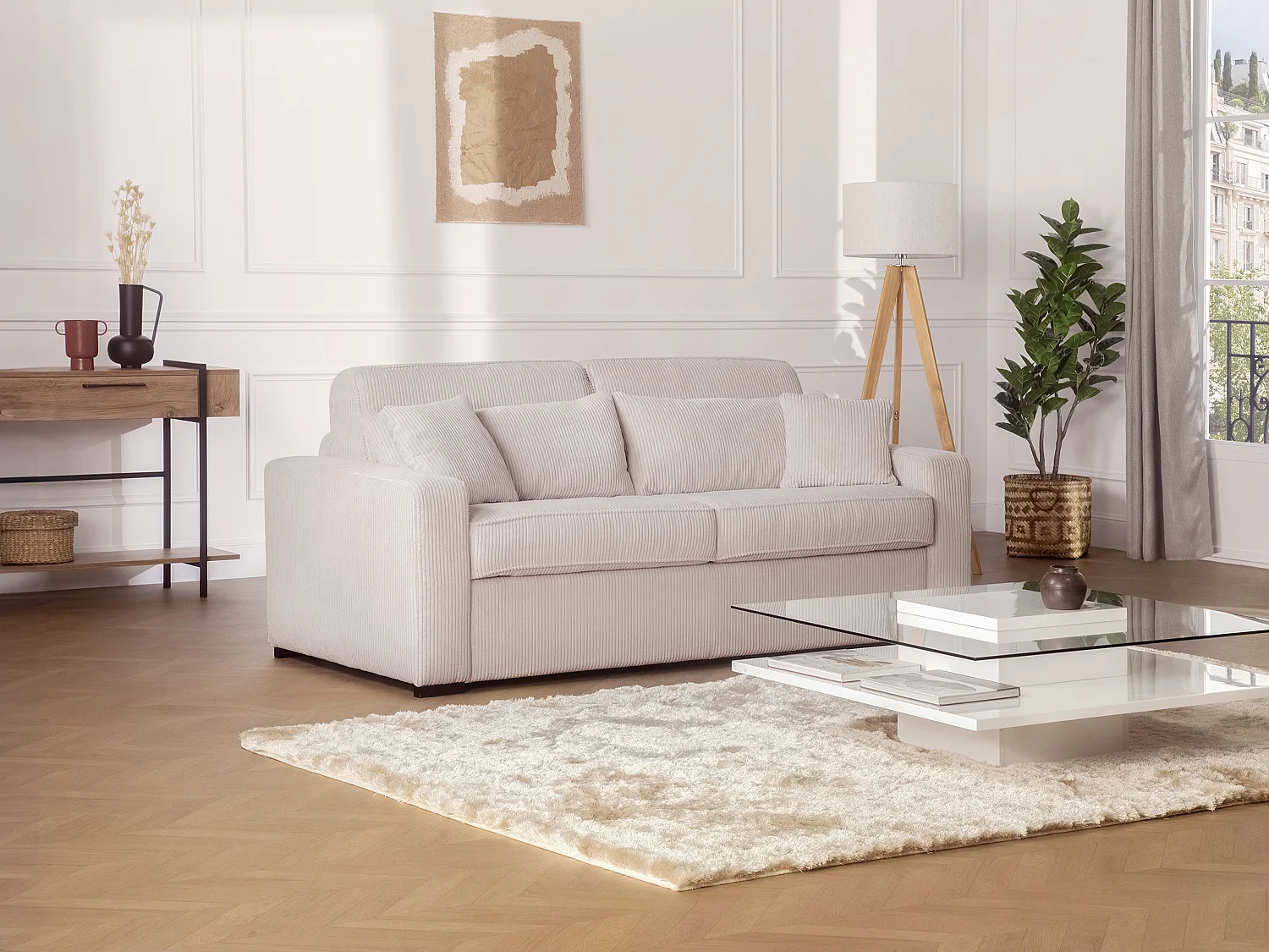 Schlafsofa mit Matratze 4-Sitzer - Liegefläche 160 cm - Matratze 13 cm - Cord - beige - MONDOVI