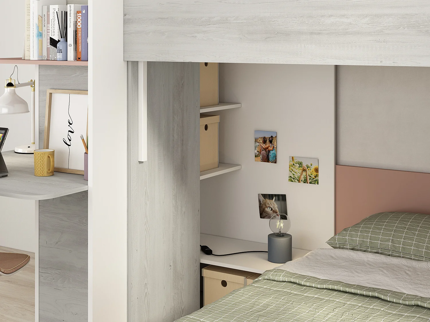 Eck-Hochbett - 2 x 90 x 190 cm - Mit Schreibtisch - Grau, weiß & rosa + Matratze - SAMUEL