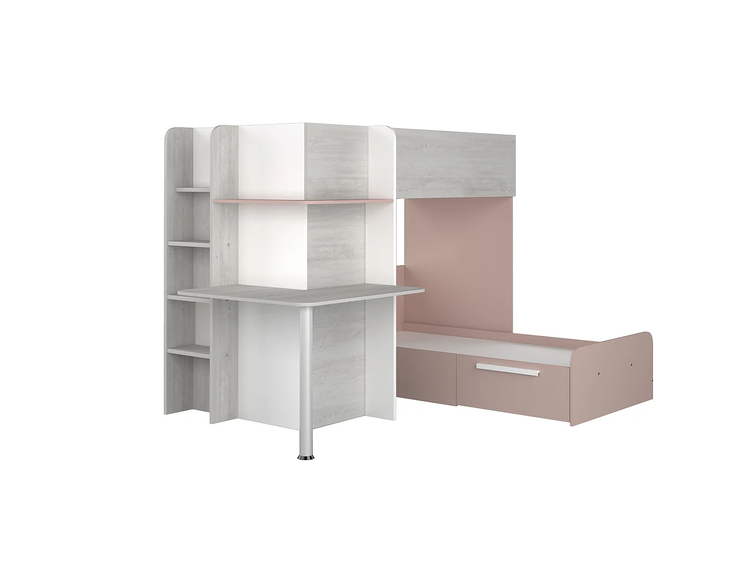 Eck-Hochbett - 2 x 90 x 190 cm - Mit Schreibtisch - Grau, weiß & rosa + Matratze - SAMUEL