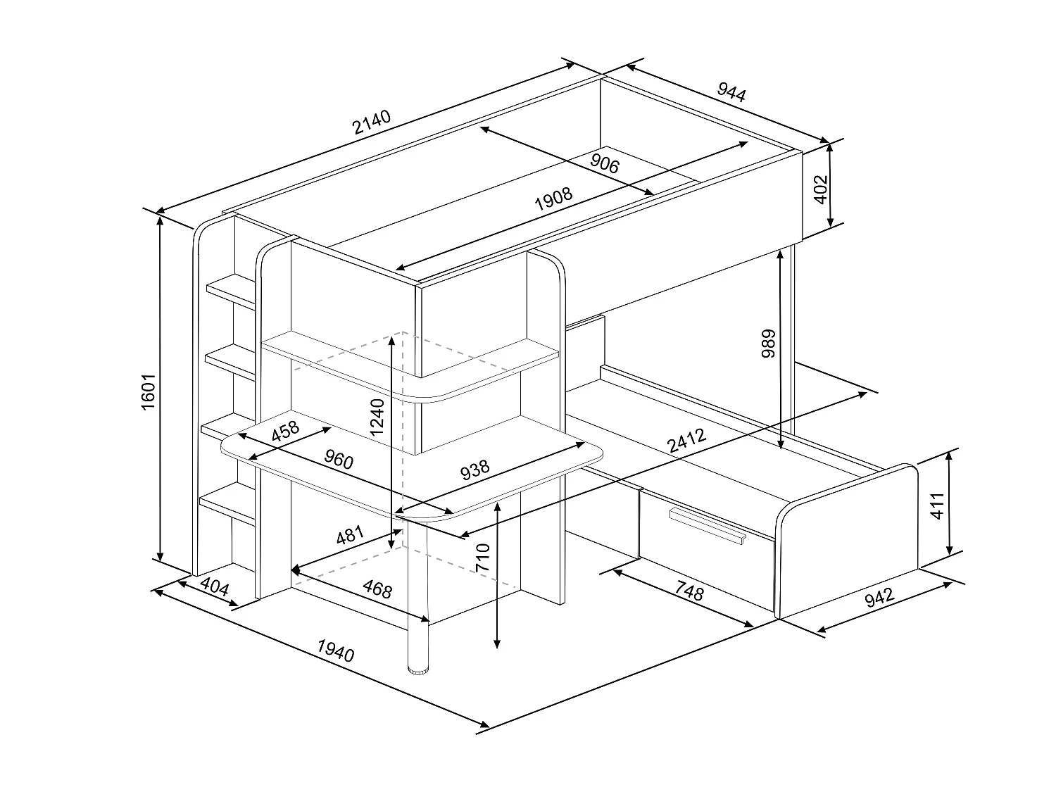 Eck-Hochbett - 2 x 90 x 190 cm - Mit Schreibtisch - Grau, weiß & rosa + Matratze - SAMUEL
