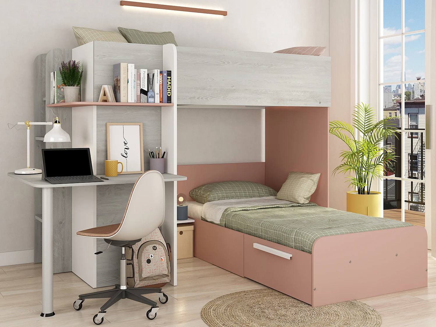 Letto a castello ad angolo con Scrivania + Materasso 2 x 90 x 190 cm Grigio, Bianco e Rosa - SAMUEL