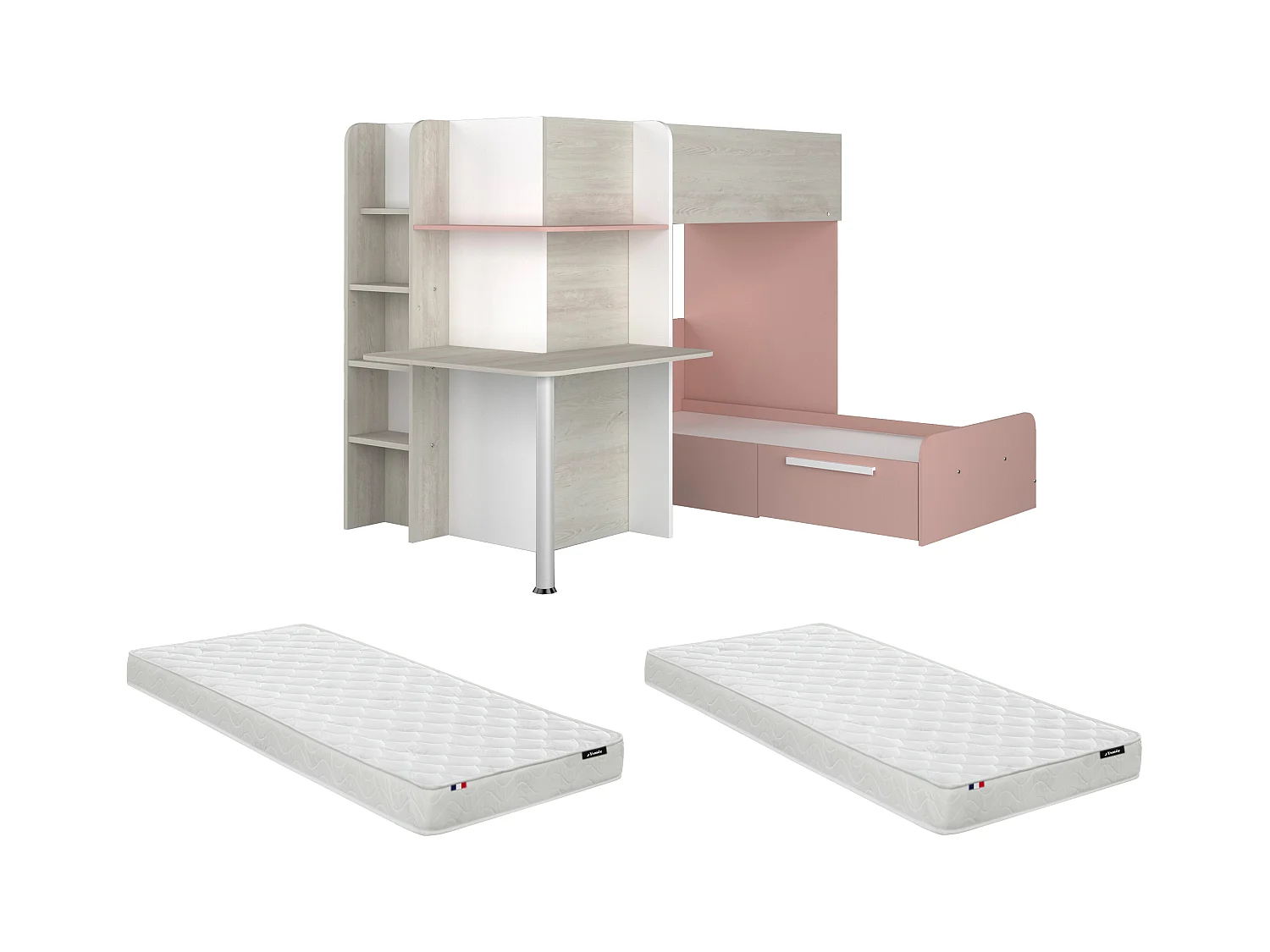 Litera rinconera 2 x 90 x 190 cm - Con escritorio - Gris, blanco y rosa + colchón - SAMUEL