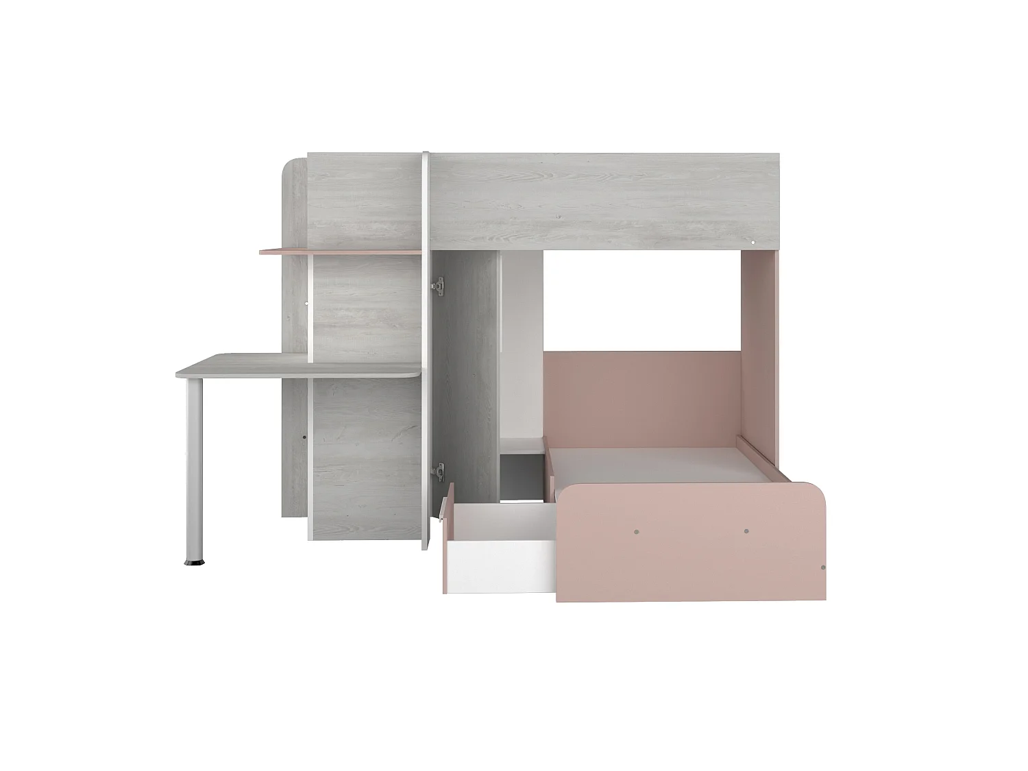 Litera rinconera 2 x 90 x 190 cm - Con escritorio - Gris, blanco y rosa + colchón - SAMUEL
