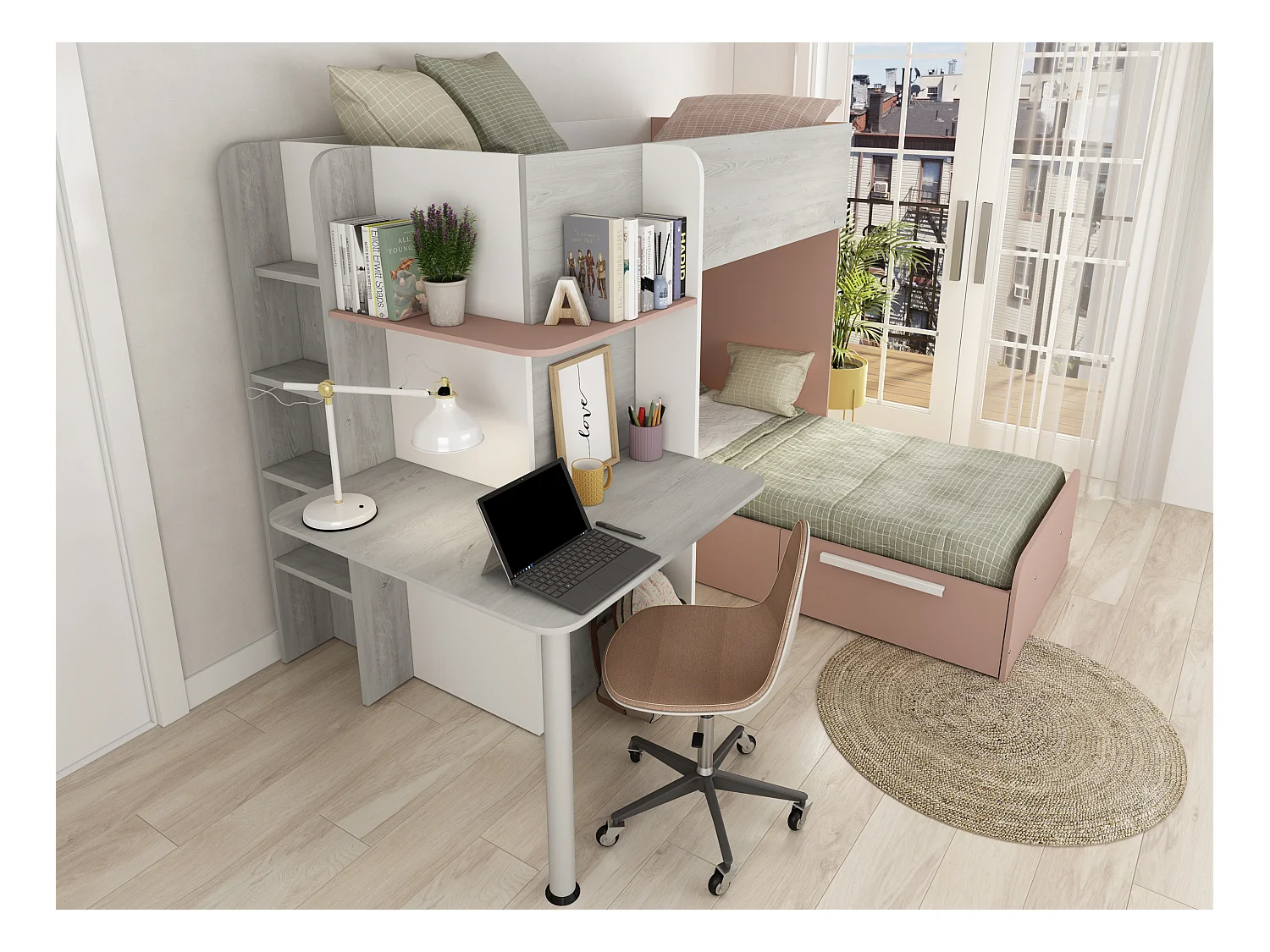 Litera rinconera 2 x 90 x 190 cm - Con escritorio - Gris, blanco y rosa + colchón - SAMUEL