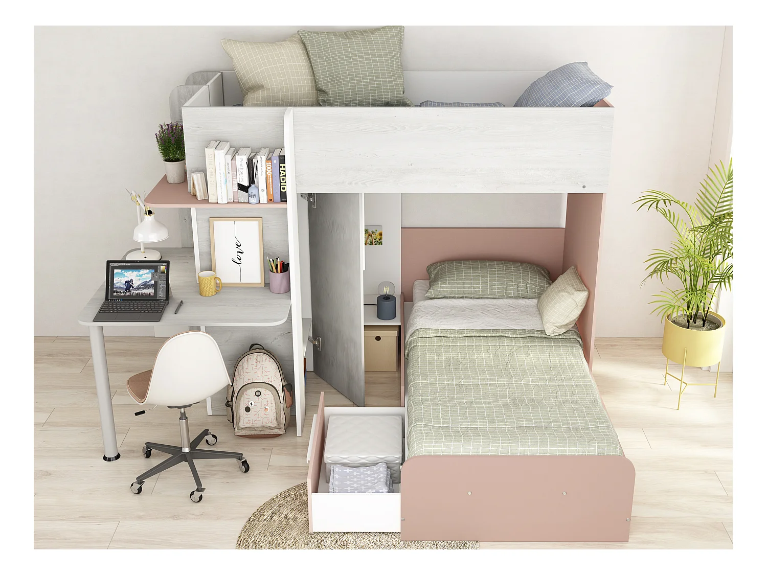 Litera rinconera 2 x 90 x 190 cm - Con escritorio - Gris, blanco y rosa + colchón - SAMUEL