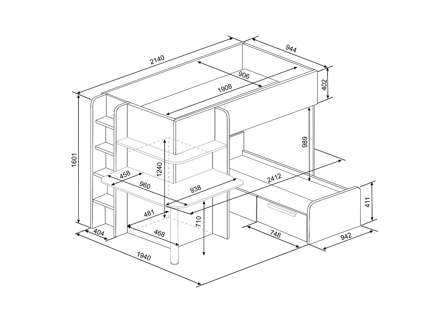 Litera rinconera 2 x 90 x 190 cm - Con escritorio - Gris, blanco y rosa + colchón - SAMUEL