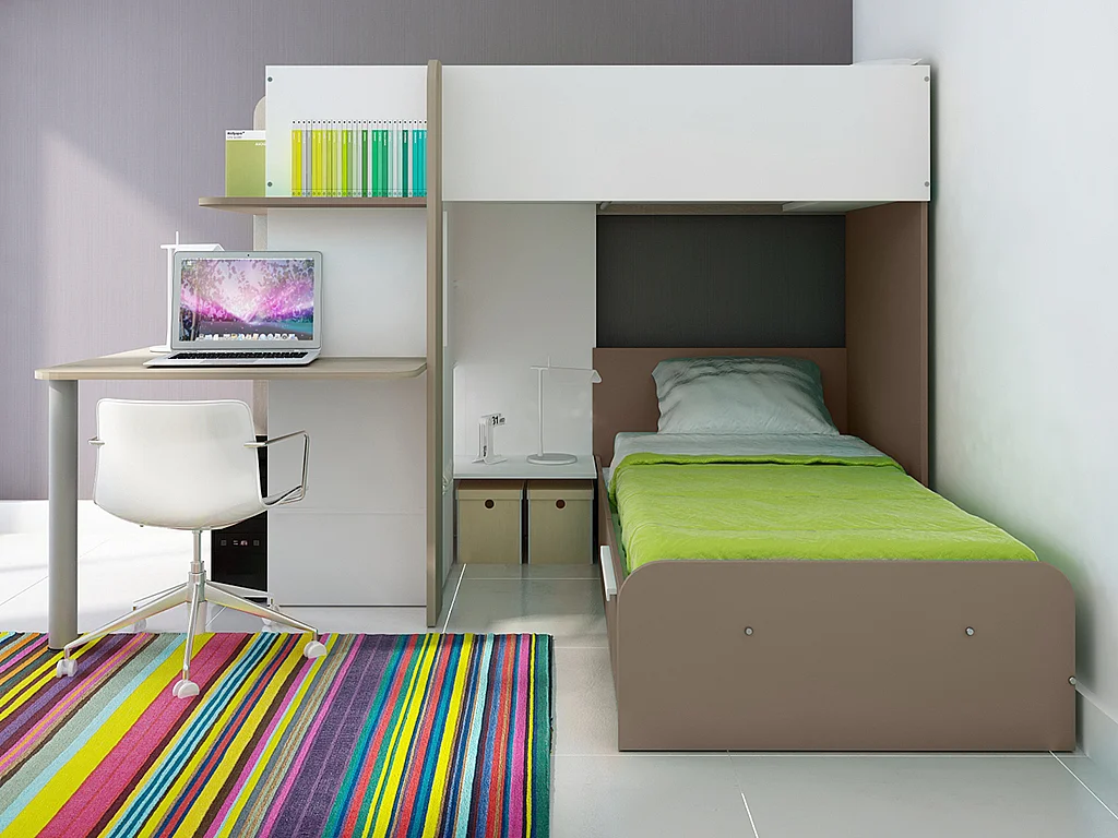 Litera rinconera 2 x 90 x 190 cm - Con escritorio - Gris, blanco y rosa + colchón - SAMUEL